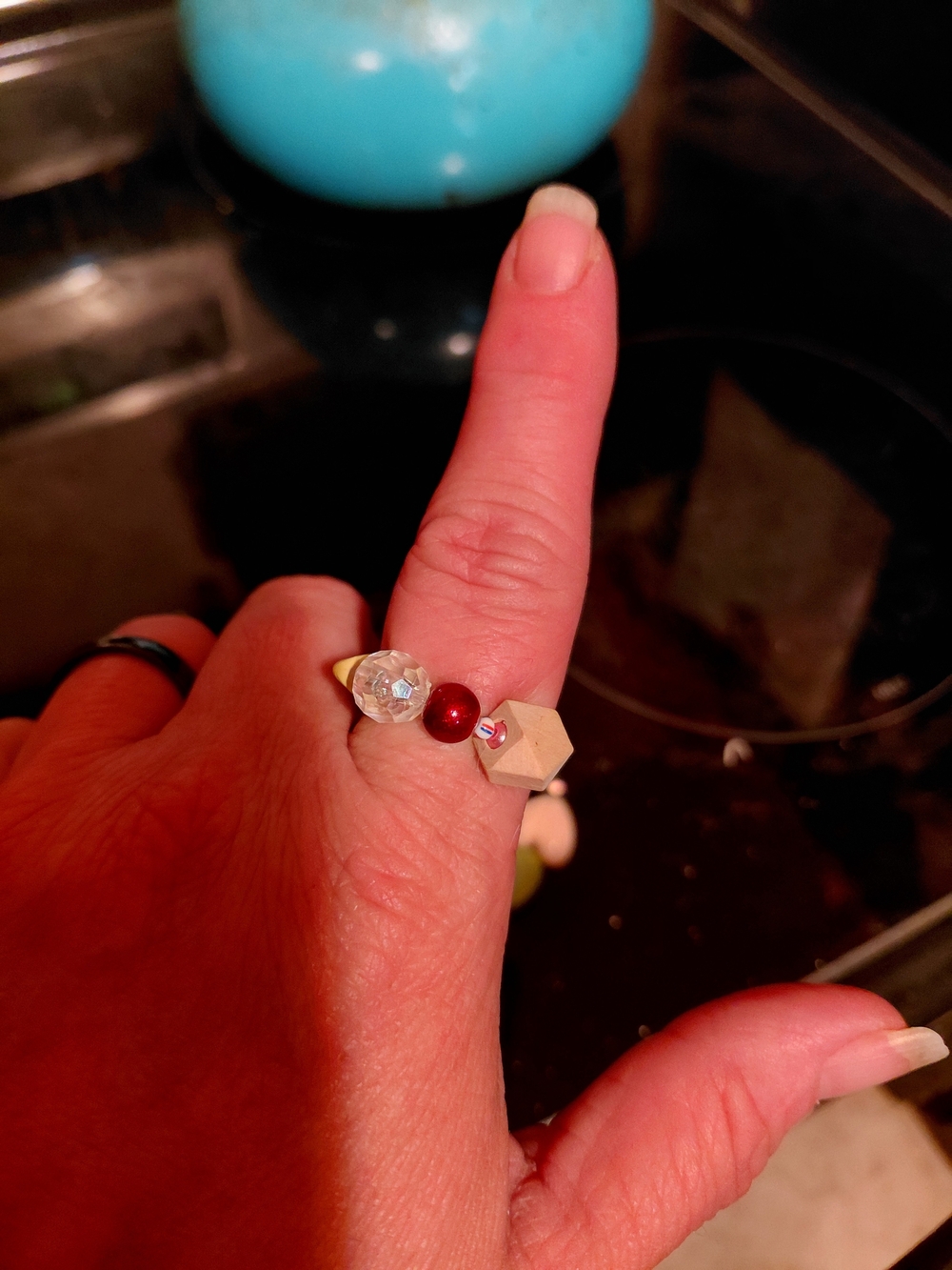 Artisan Beaded Ring with Red Accent and Neutral Wood Beads